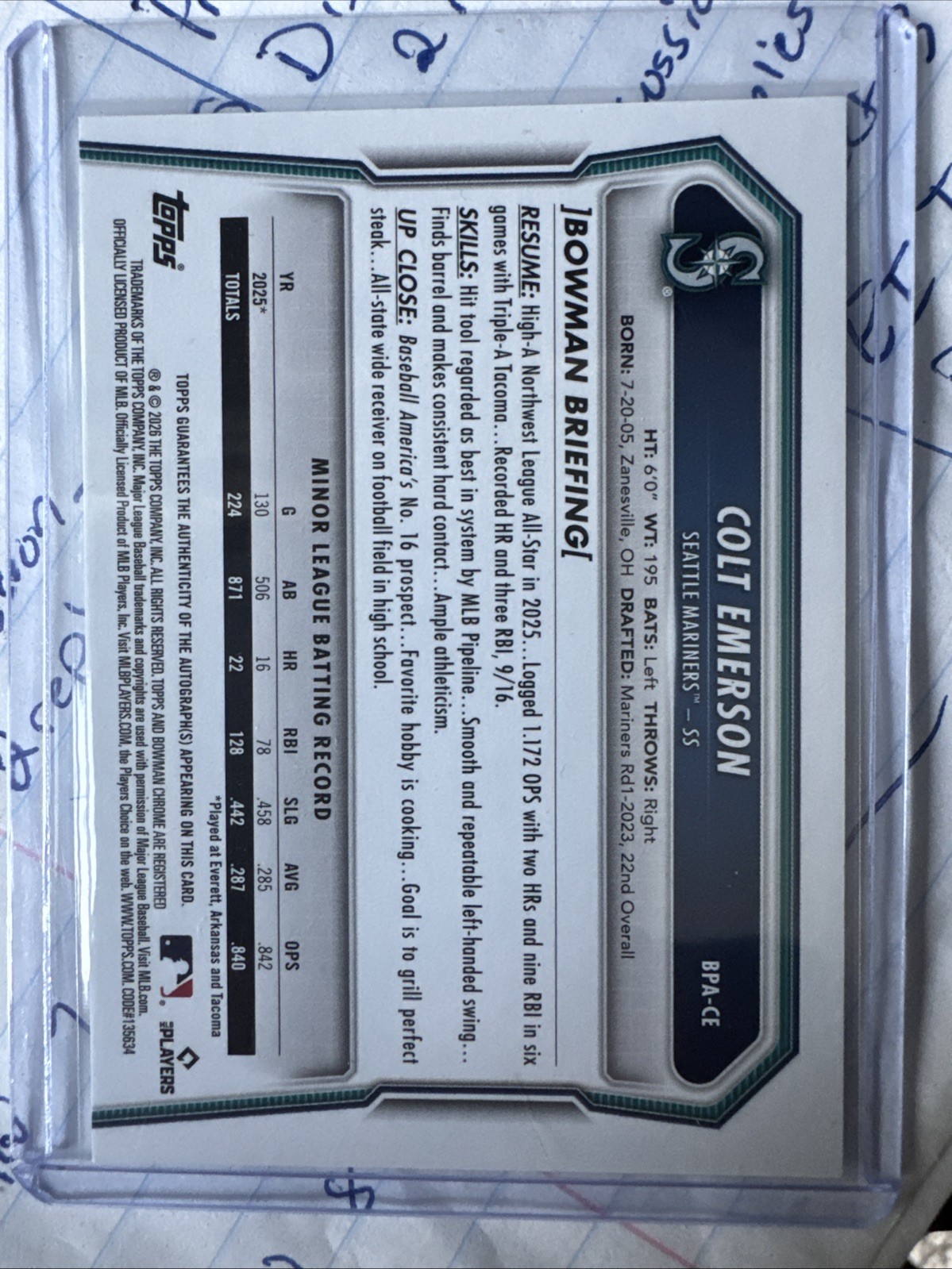 2026 Bowman Colt Emerson Prospect Retail Auto Autograph #BPA-CE Mariners