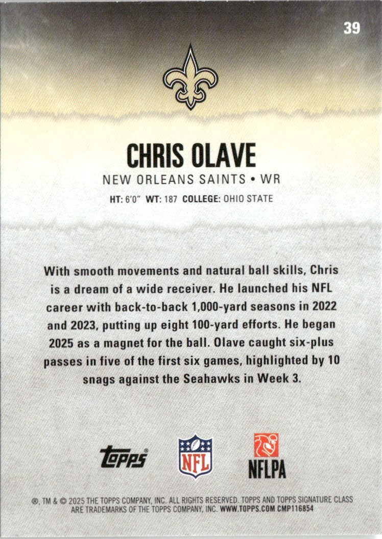 2025 Topps Signature Class Base Chris Olave New Orleans Saints #39