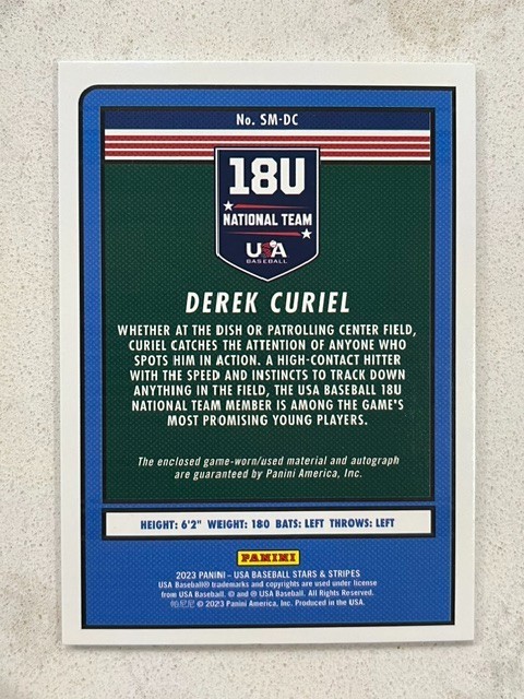 DEREK CURIEL 2023 Panini USA Baseball Stars & Stripes Game Used Jersey AUTO /200