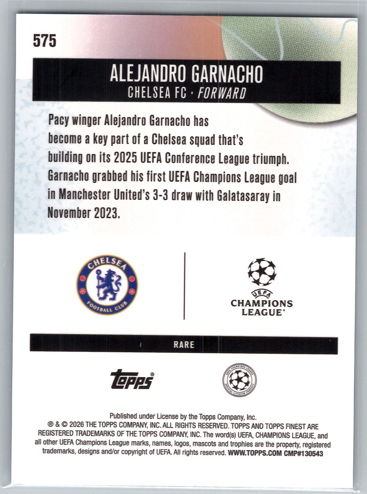 2026 Topps Finest Alejandro Garnacho Blue Refractor 51/99 #575 Rare Chelsea FC