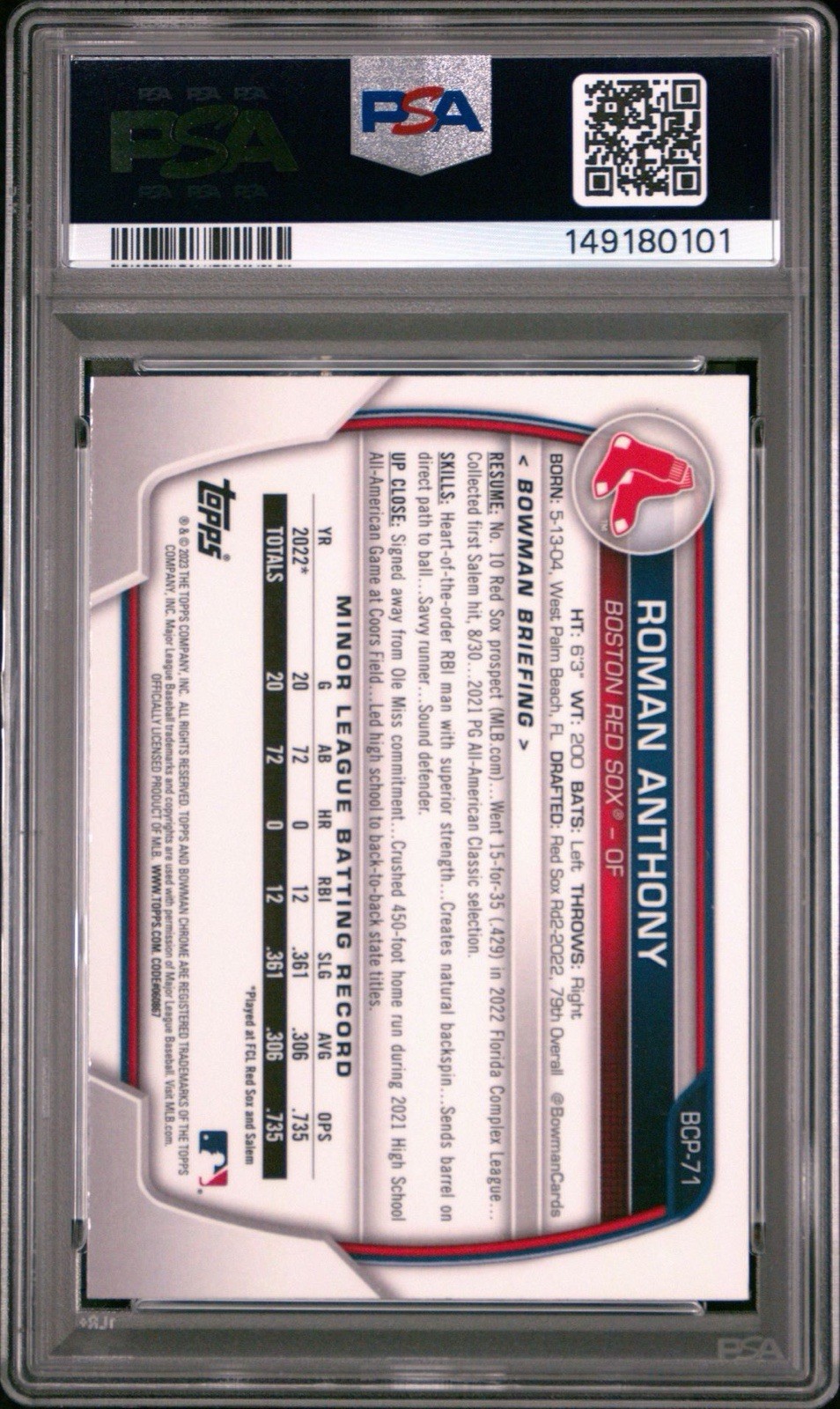 Topps 2023 Bowman Chrome Prospects Roman Anthony BCP-71 Mojo PSA 9 Red Sox