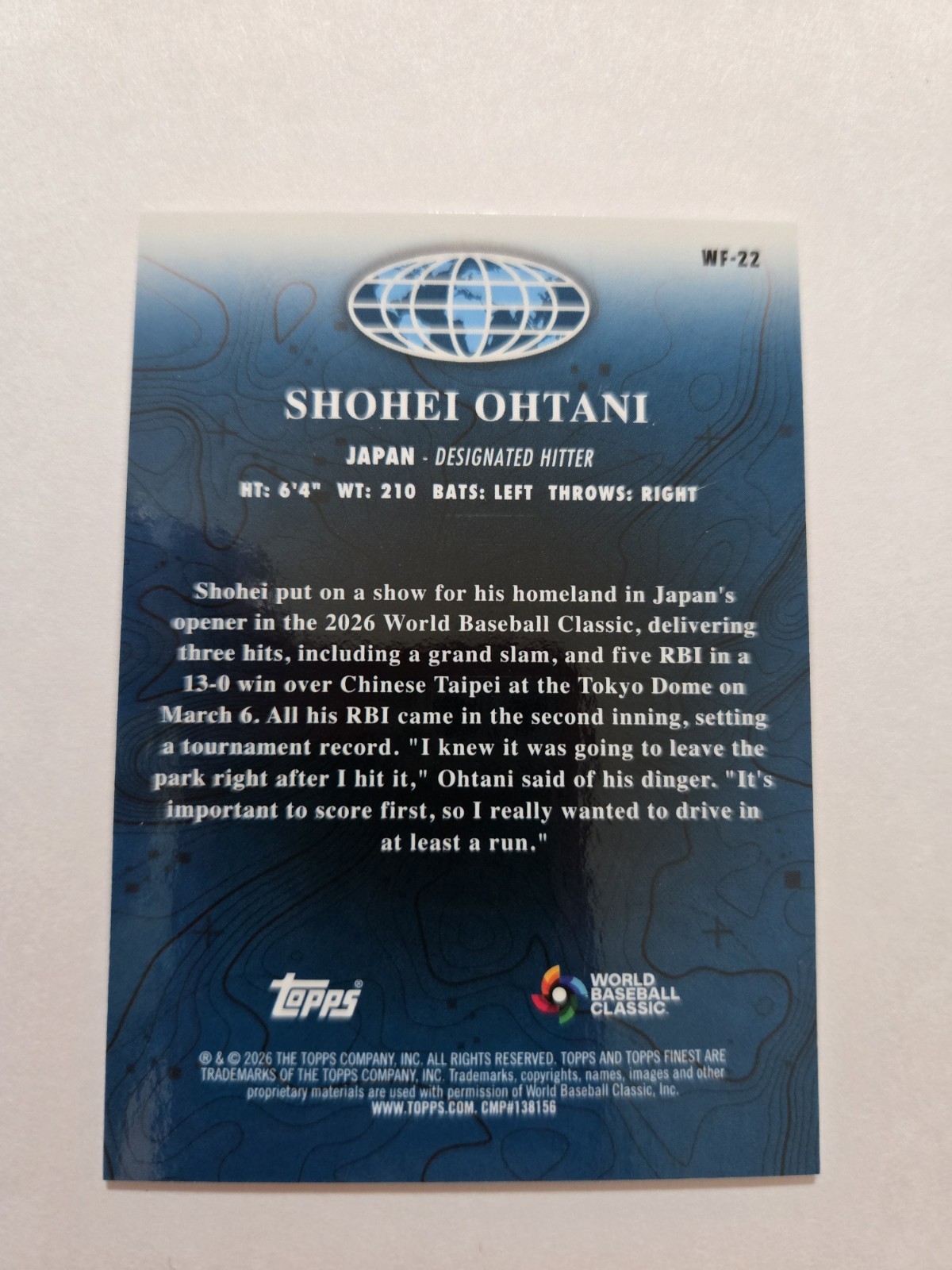 Topps Finest 2026 Shohei Ohtani World’s Finest Insert WF-22 Japan WBC