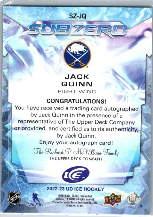 Jack Quinn 2022-23 Upper Deck Ice Sub Zero Rookies Buffalo Sabres #/999
