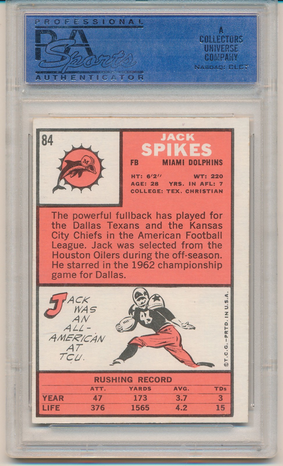 1966 Topps Football Jack Spikes (#84) PSA7 PSA