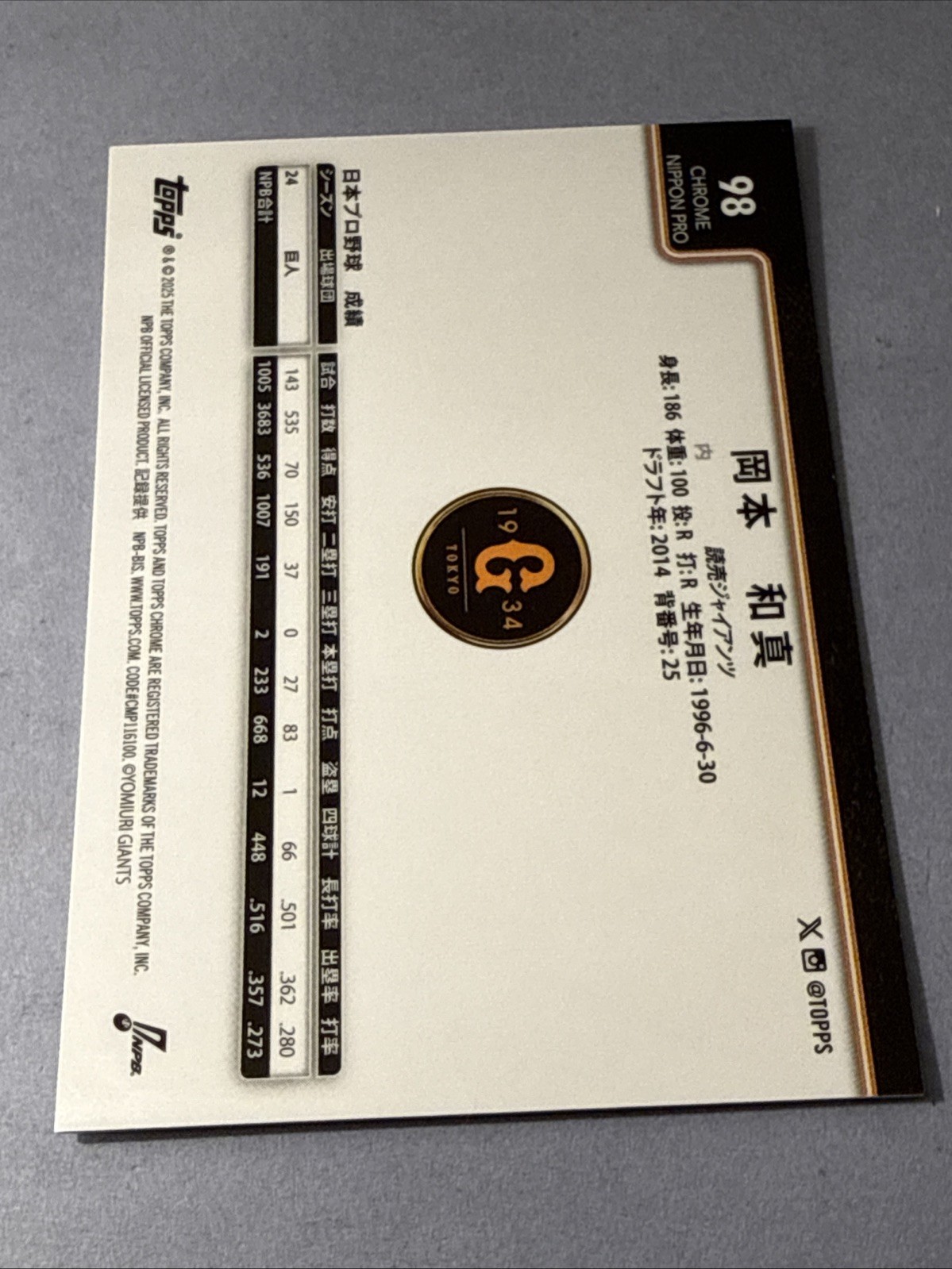 Kazuma OKAMOTO 2025 Topps Chrome NPB Japan Baseball Card Yomiuri Giants #98