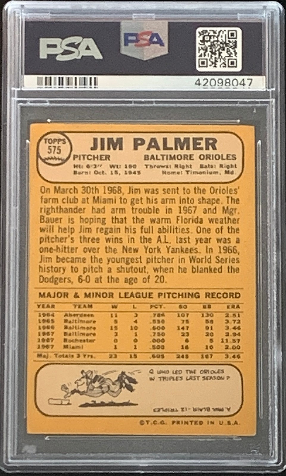 1968 Topps #575 Jim Palmer Baltimore Orioles HOF High Number Centered PSA 4