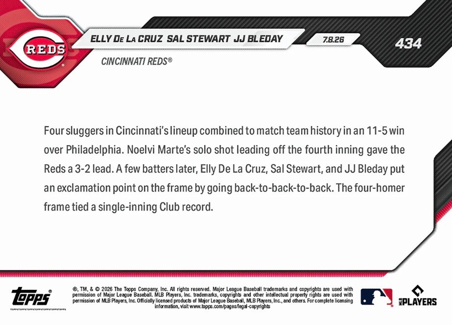 💥2026 Topps Now #434💥ELLY DE LA CRUZ SAL STEWART JJ BLEDAY B2B2B HR Presale