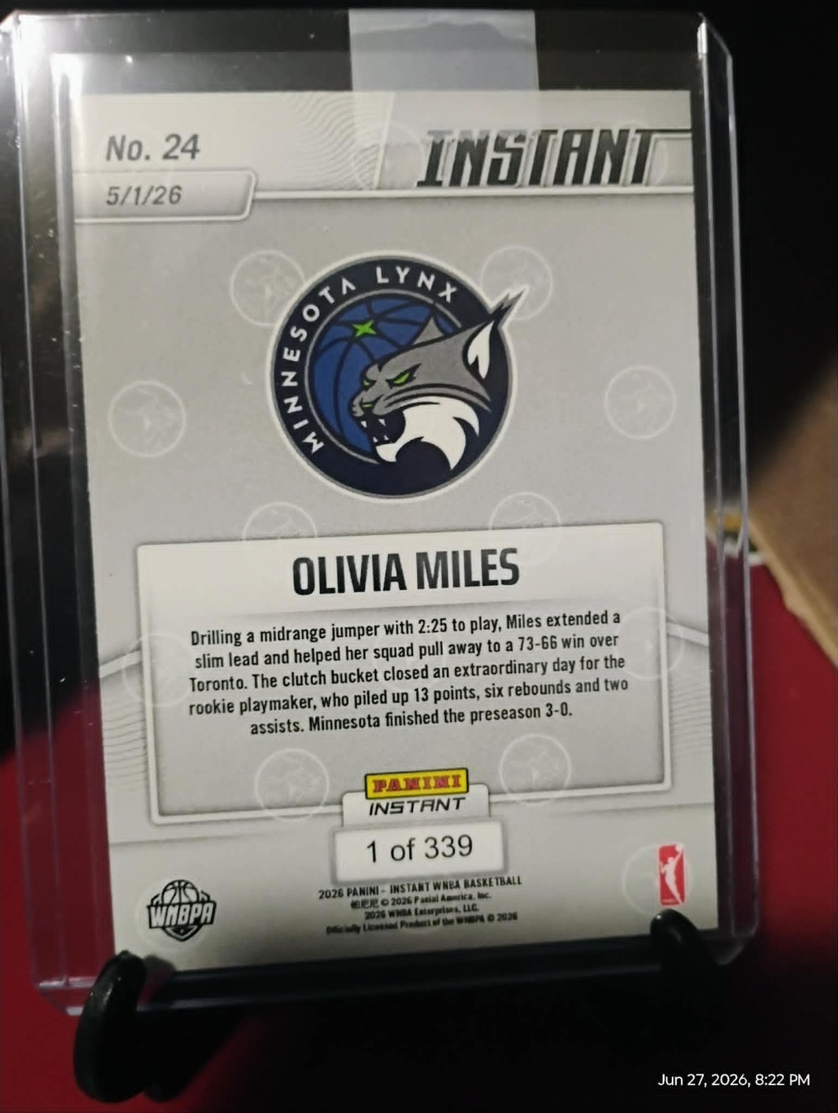 2026 Panini Instant WNBA #24 Olivia Miles Perfect Preseason MN Lynx RC PR:339