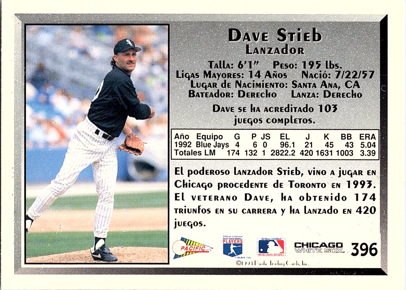 Dave Stieb 1993 Pacific Spanish #396 Chicago White Sox
