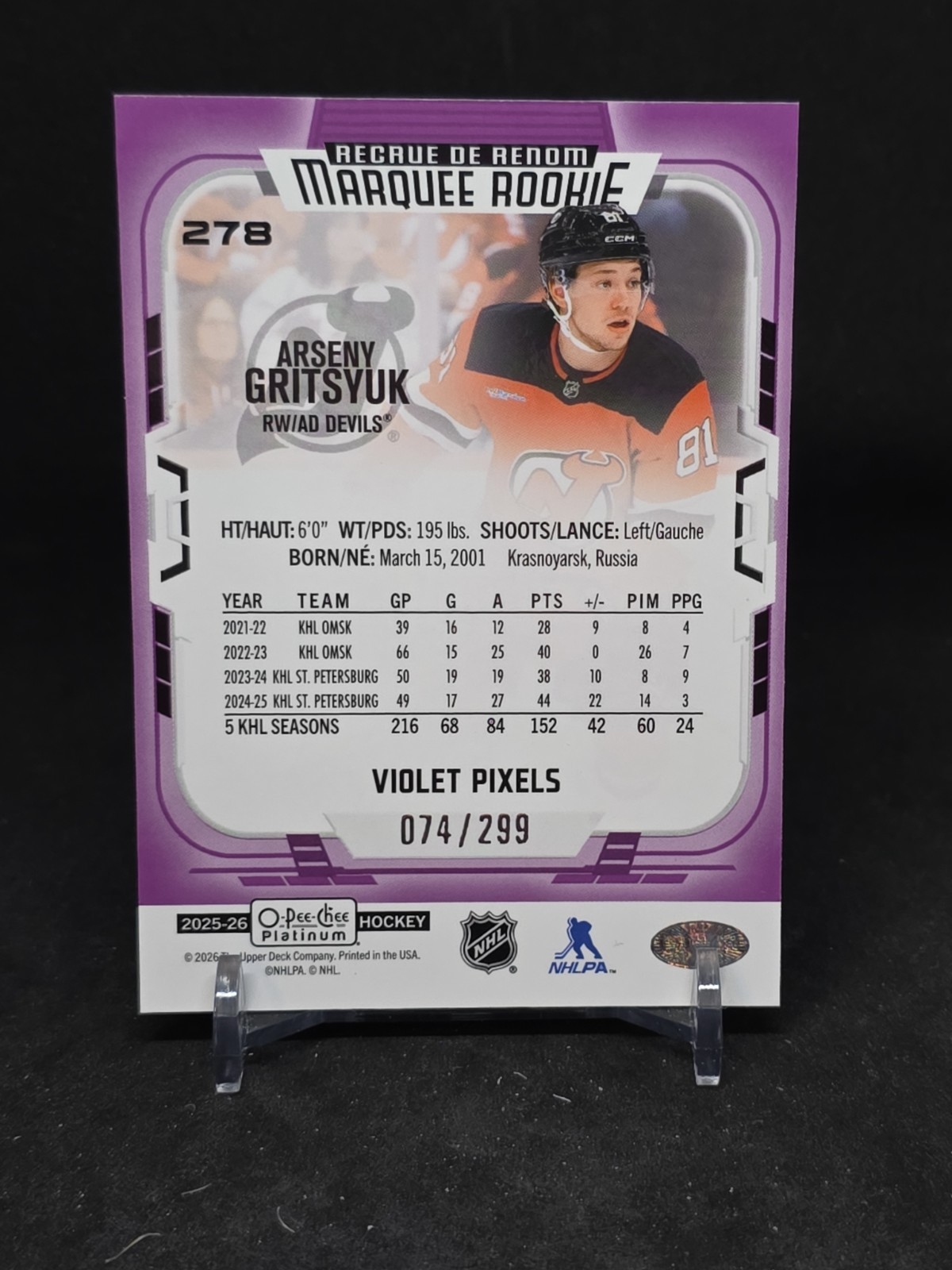 2025-26 O Pee Chee Platinum Violet Pixels Arseny Gritsyuk Rookie 074/299
