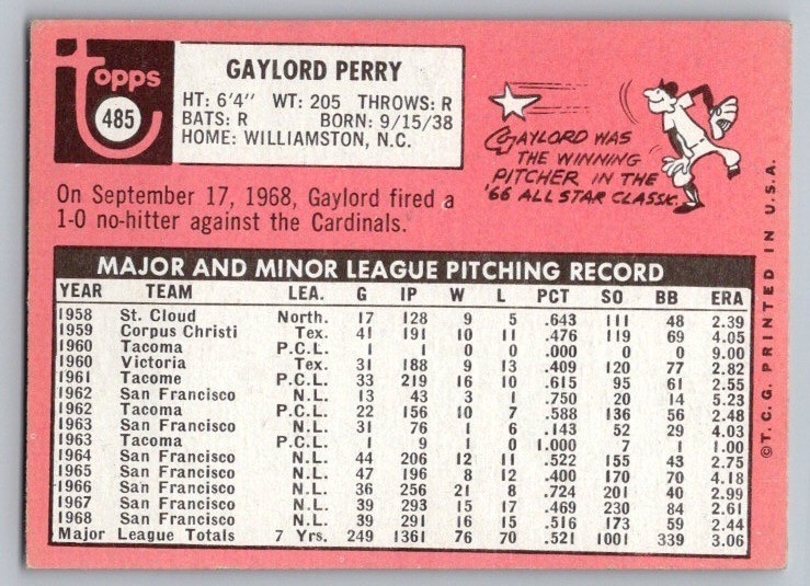 1969 Topps Set-Break #485 Gaylord Perry EX-EXMINT *JAYSACE*