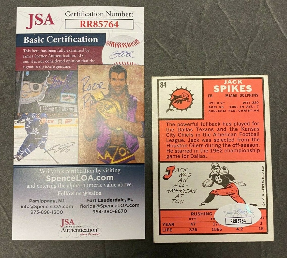 1967 TOPPS FOOTBALL GREATS CARD #84 JACK SPIKES EXMT RANGE SIGNED JSA/COA 9121