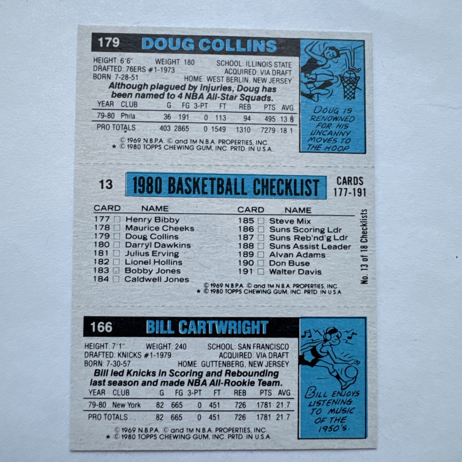 1980 Topps Bill Cartwright #166 Eddie Johnson #13 Doug Collins #179 NM-MT