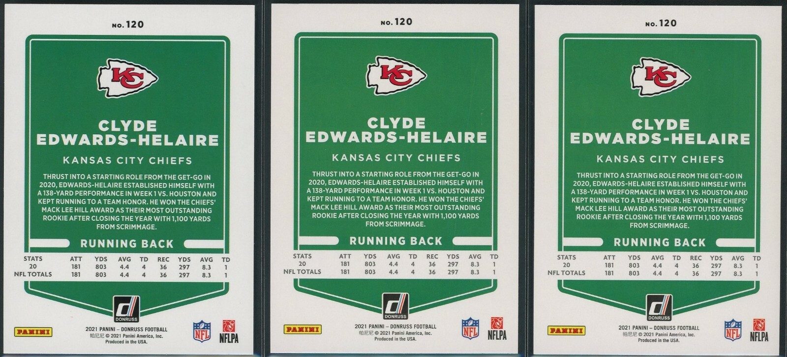 2021 Donruss Clyde Edwards-Helaire Red Press Proof & Pair of Base #120 – All 3