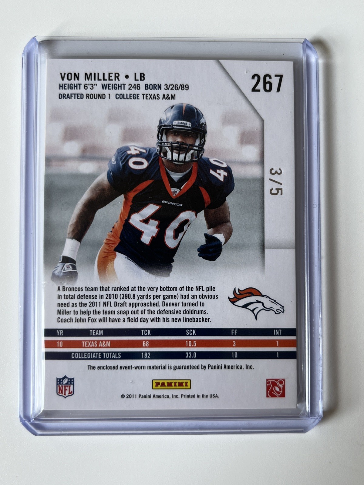 Von Miller 2011 Rookies and Star1s #3/5 Rookie Jumbo Patch 🔥 Broncos