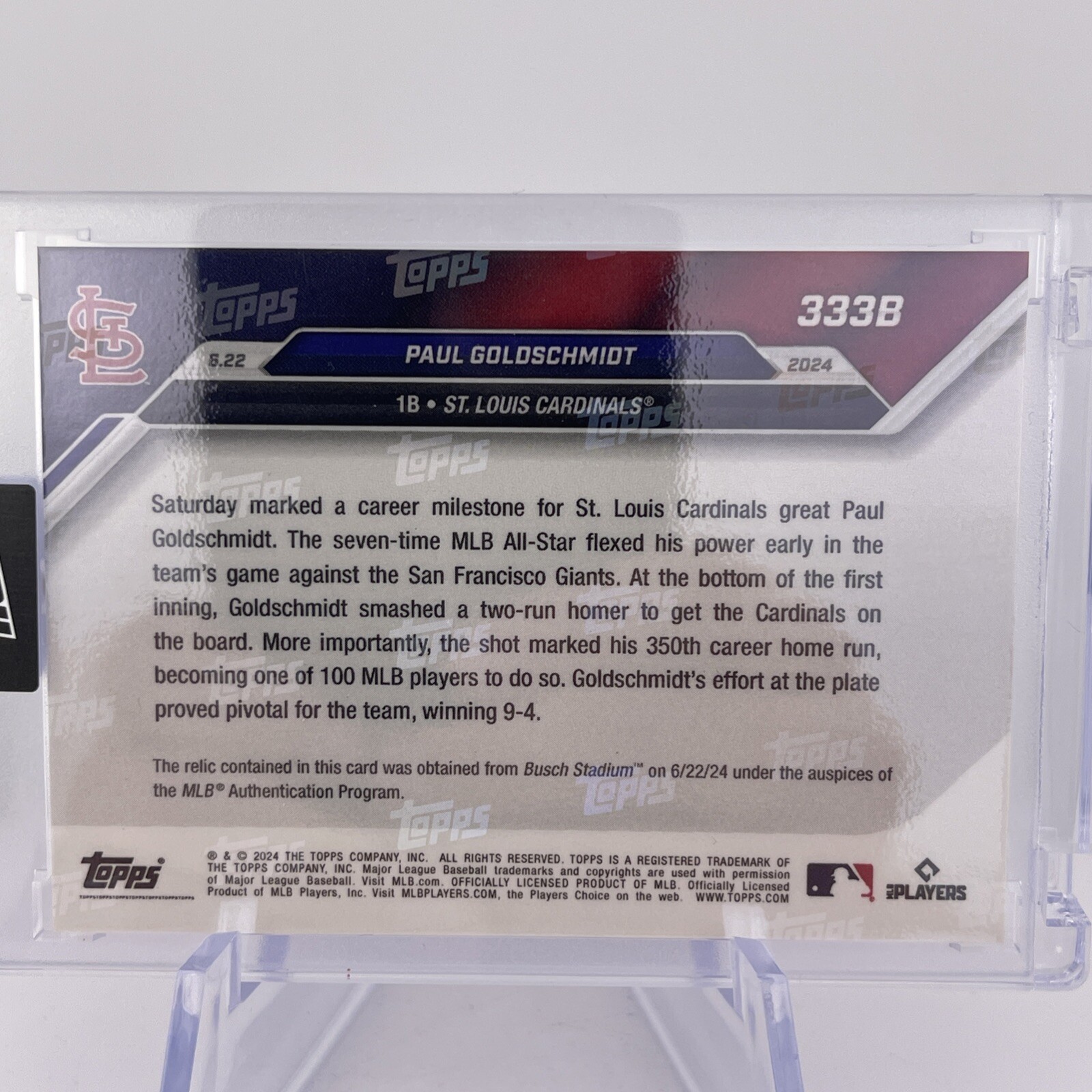 Paul Goldschmidt #08/99 Base Relic “350th Career Homer” 2024 Topps Now 333B