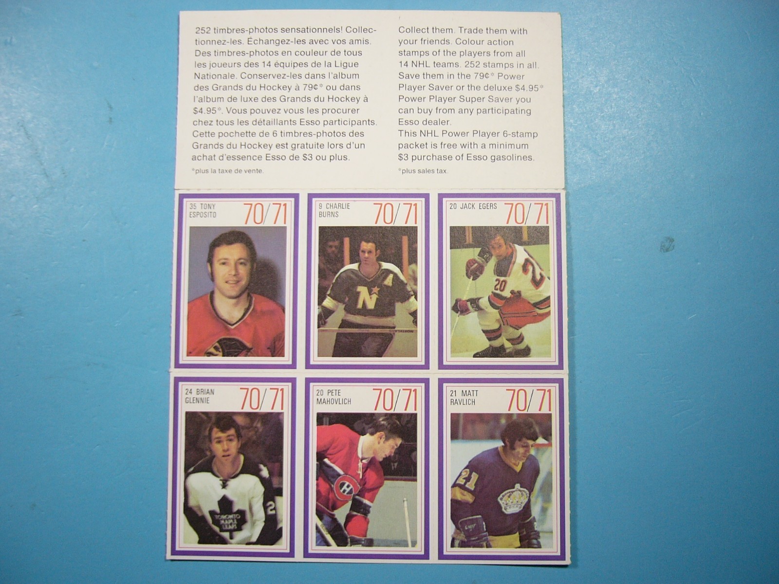 1970/71 ESSO POWER PLAYERS NHL STAMP FULL PANEL ATTACHED TONY ESPOSITO MAHOVLICH