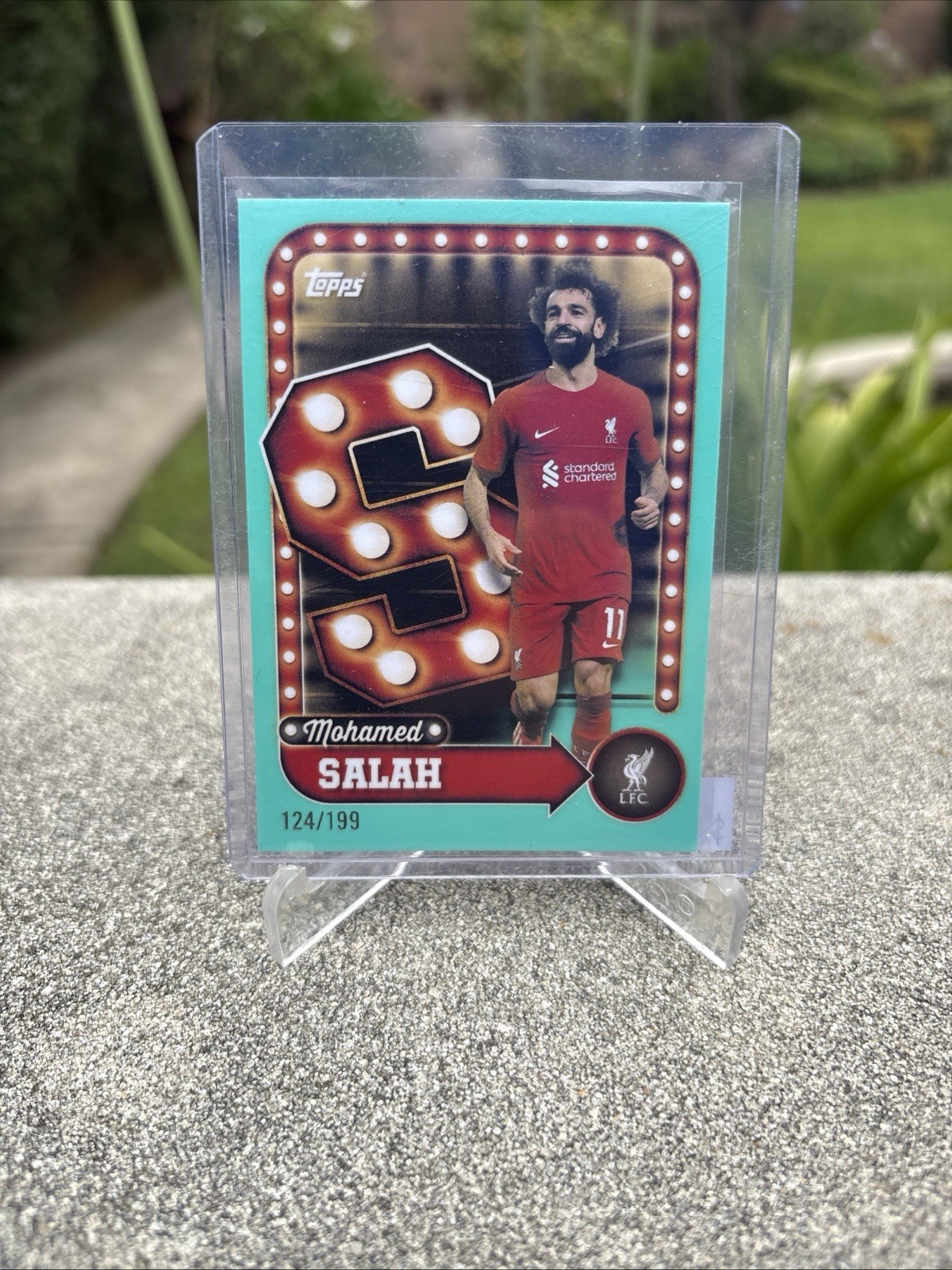 Mohamed Salah Liverpool 2025 Topps FC Collector’s Tin Name in Lights Aqua /199