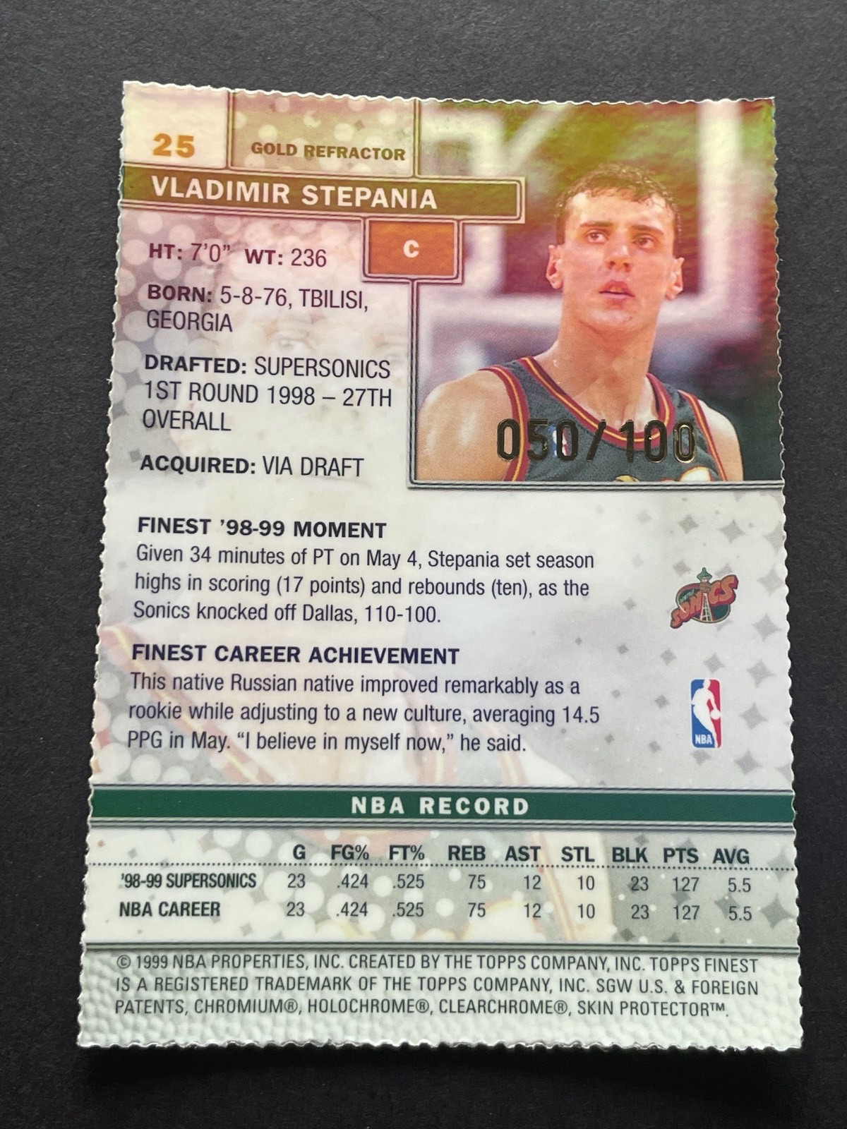1999-00 Topps Finest #25 VLADIMIR STEPANIA w/ Coating Gold Refractor /100