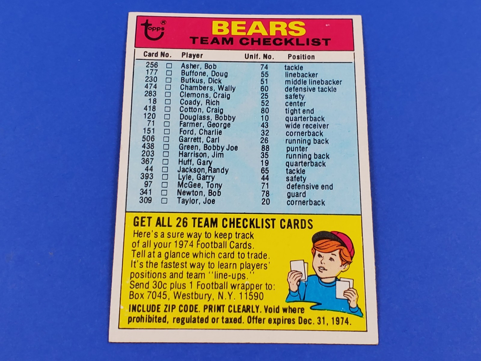 1974 TOPPS FOOTBALL # BEARS TEAM CHECKLIST HIGH GRADE NEAR MINT NRMT