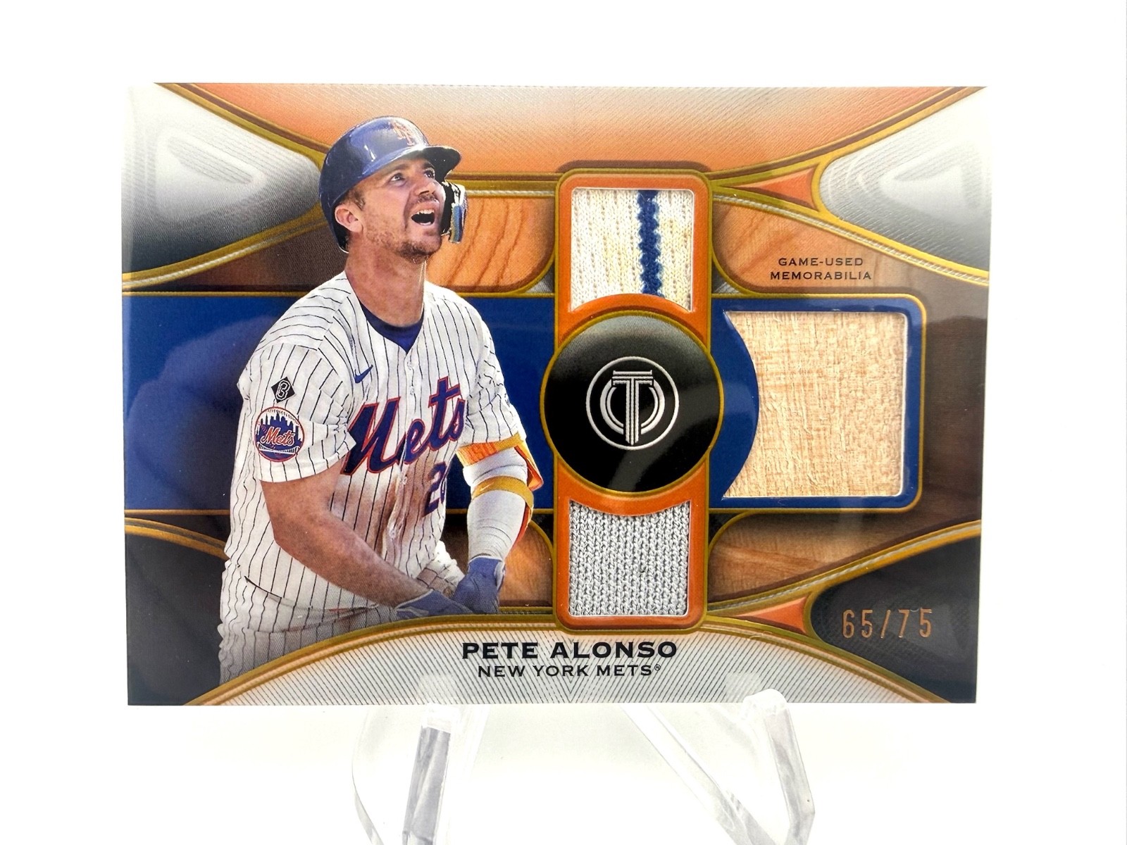 PETE ALONSO /75 GOLD GAME USED TRIPLE PATCH RELIC MEM 2025 TOPPS TRIBUTE NY METS