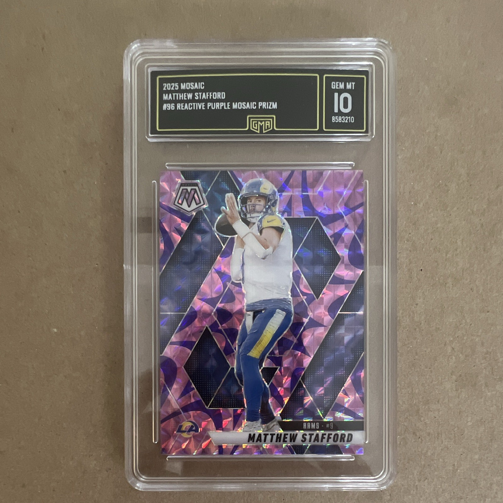 Panini 2025 Mosaic Matthew Stafford Los Angeles Rams #96 Reactive Purple GMA 10