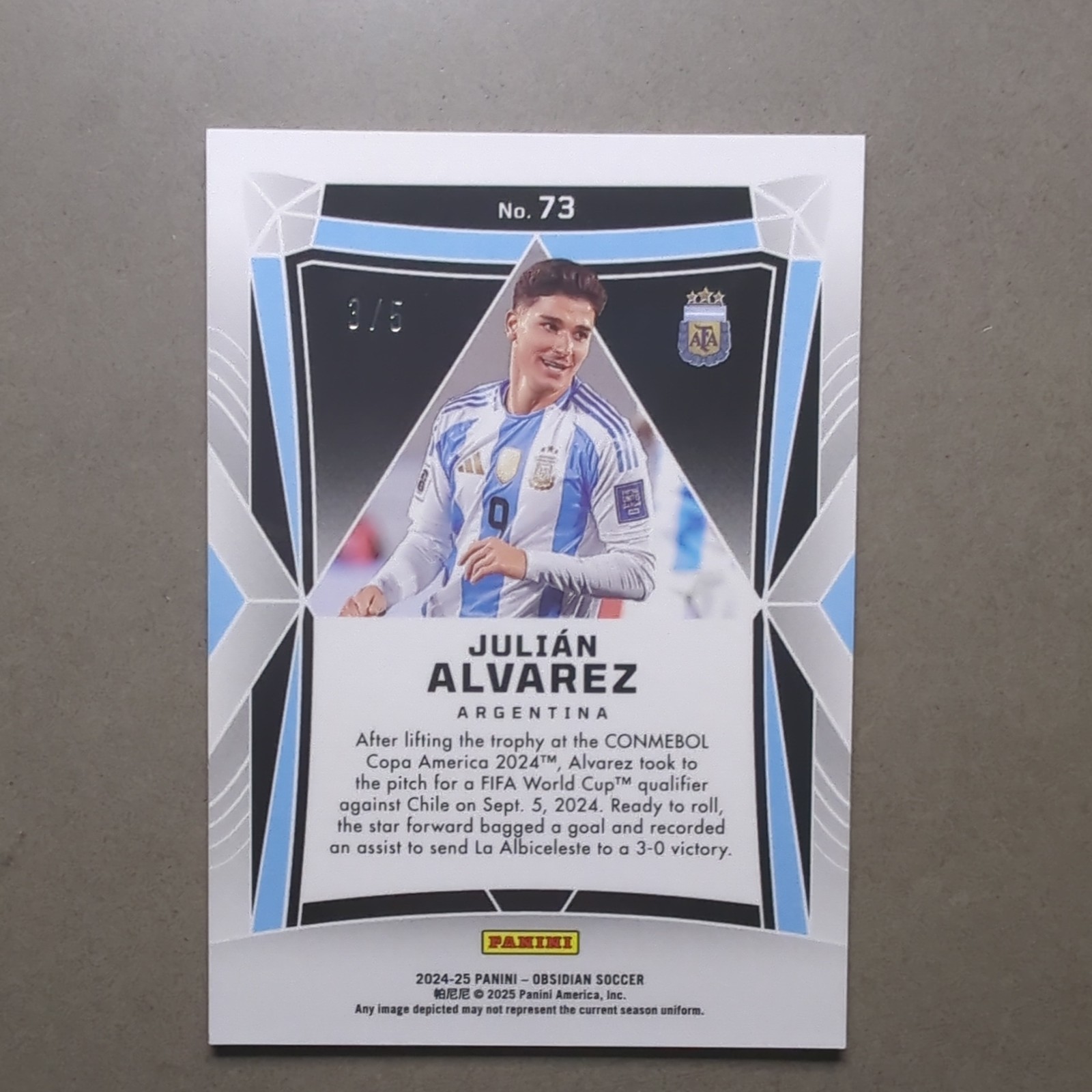 Julian Alvarez 2024-25 Panini Obsidian Electric Etch Green #3/5 #73 Argentina