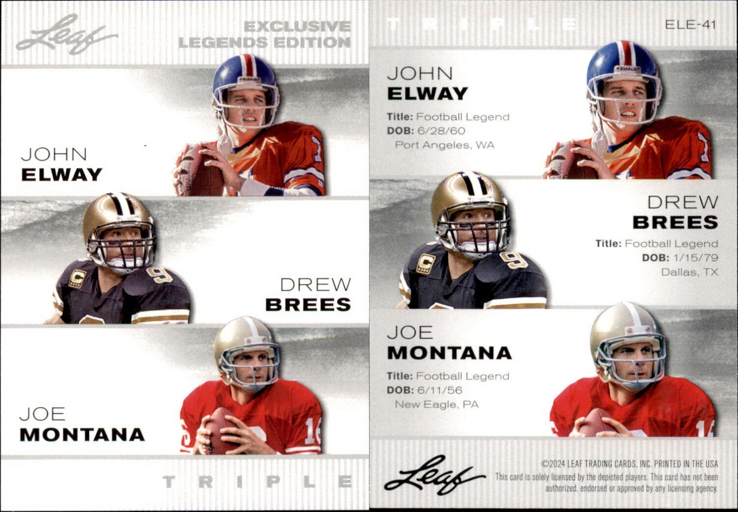 2024 Leaf EXCLUSIVE LEGENDS ELWAY / BREES / MONTANA #ELE-41 FOOTBALL