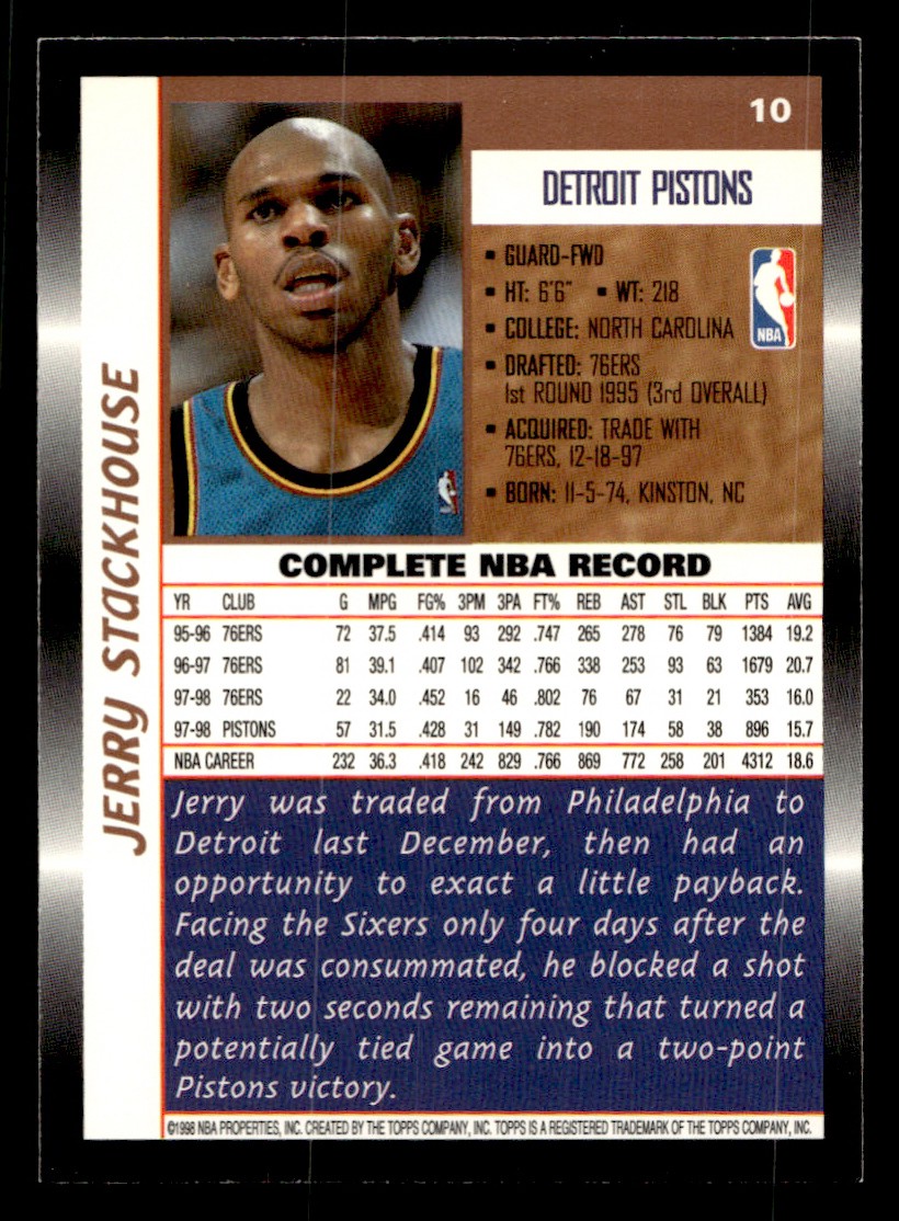 1998-99 Topps – Jerry Stackhouse #10 Basketball Sports Card Raw Trading Card
