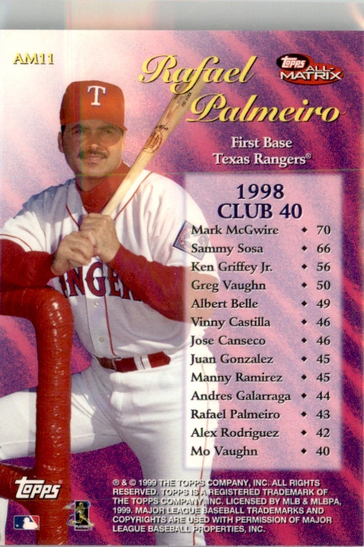1999 Topps Club 40 Rafael Palmeiro Texas Rangers #AM11