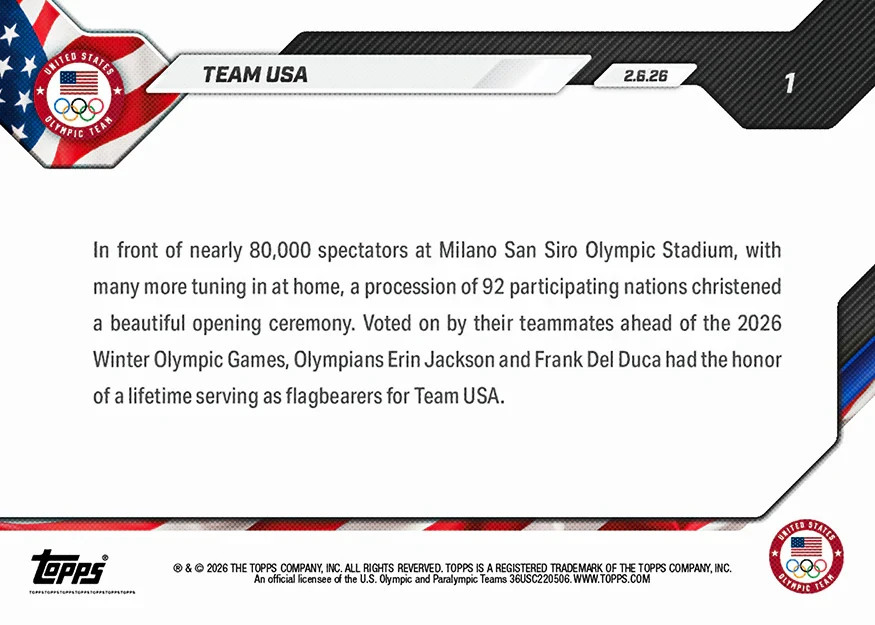 2026 WINTER Olympics TOPPS NOW 1 TEAM USA Milano Cortina MILAN OPENING CEREMONY