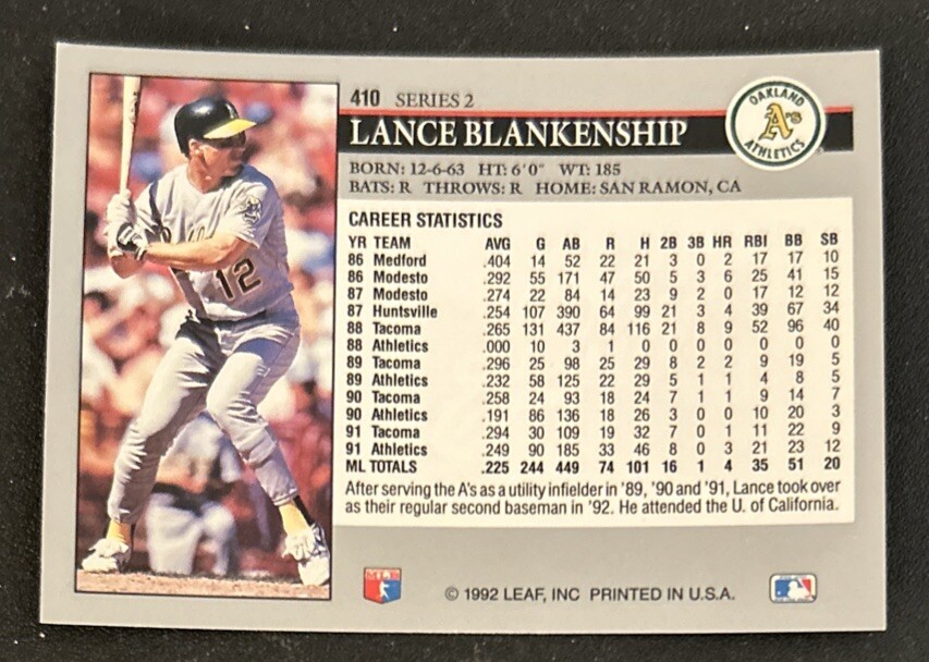 1992 Leaf Lance Blankenship Baseball Card #410 Athletics 2B VGEX O/C