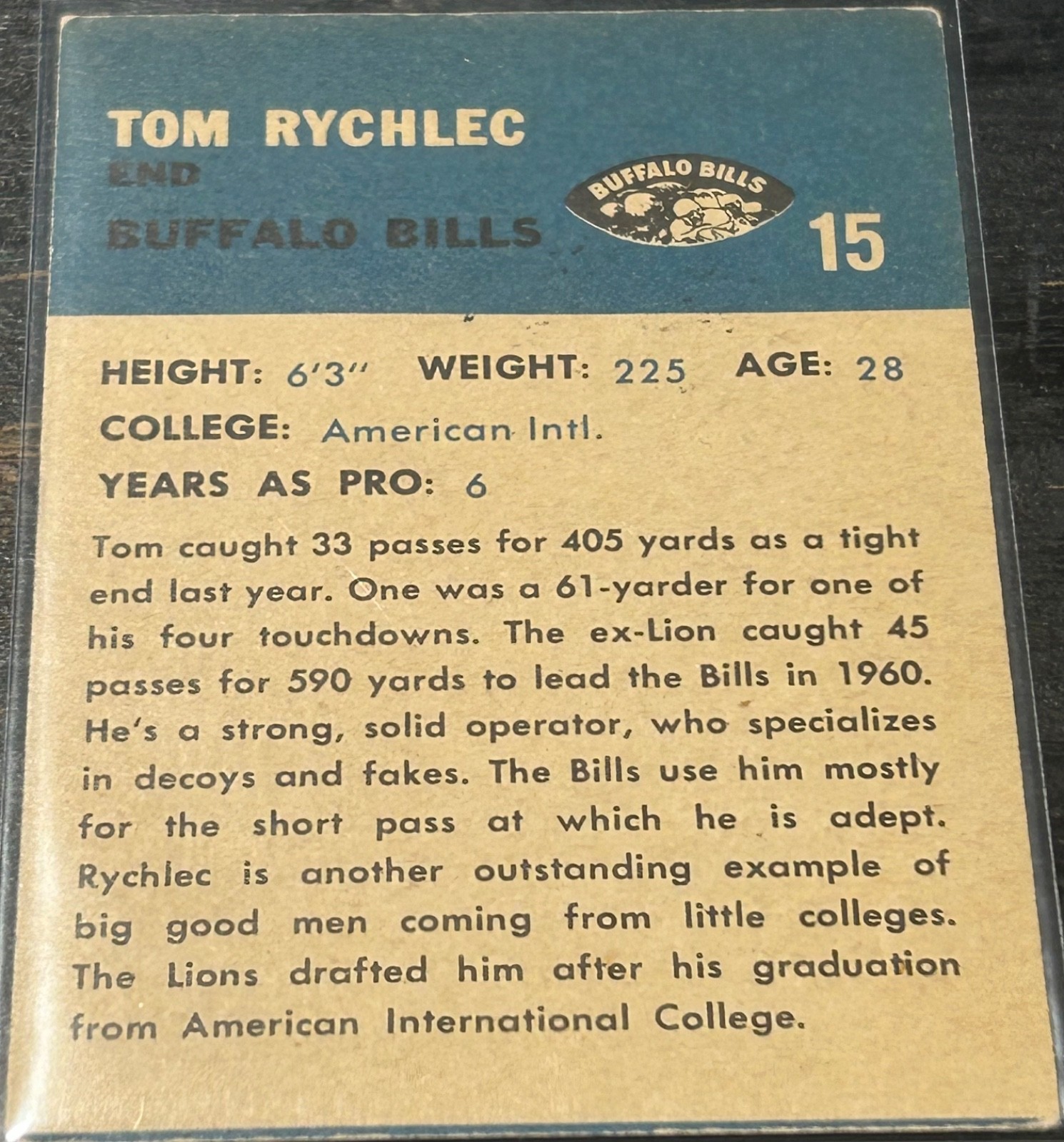 1962 Fleer TOM RYCHLEC #15 🔥 Bills 🔥 GORGEOUS Autograph 🏈 only 1 listed