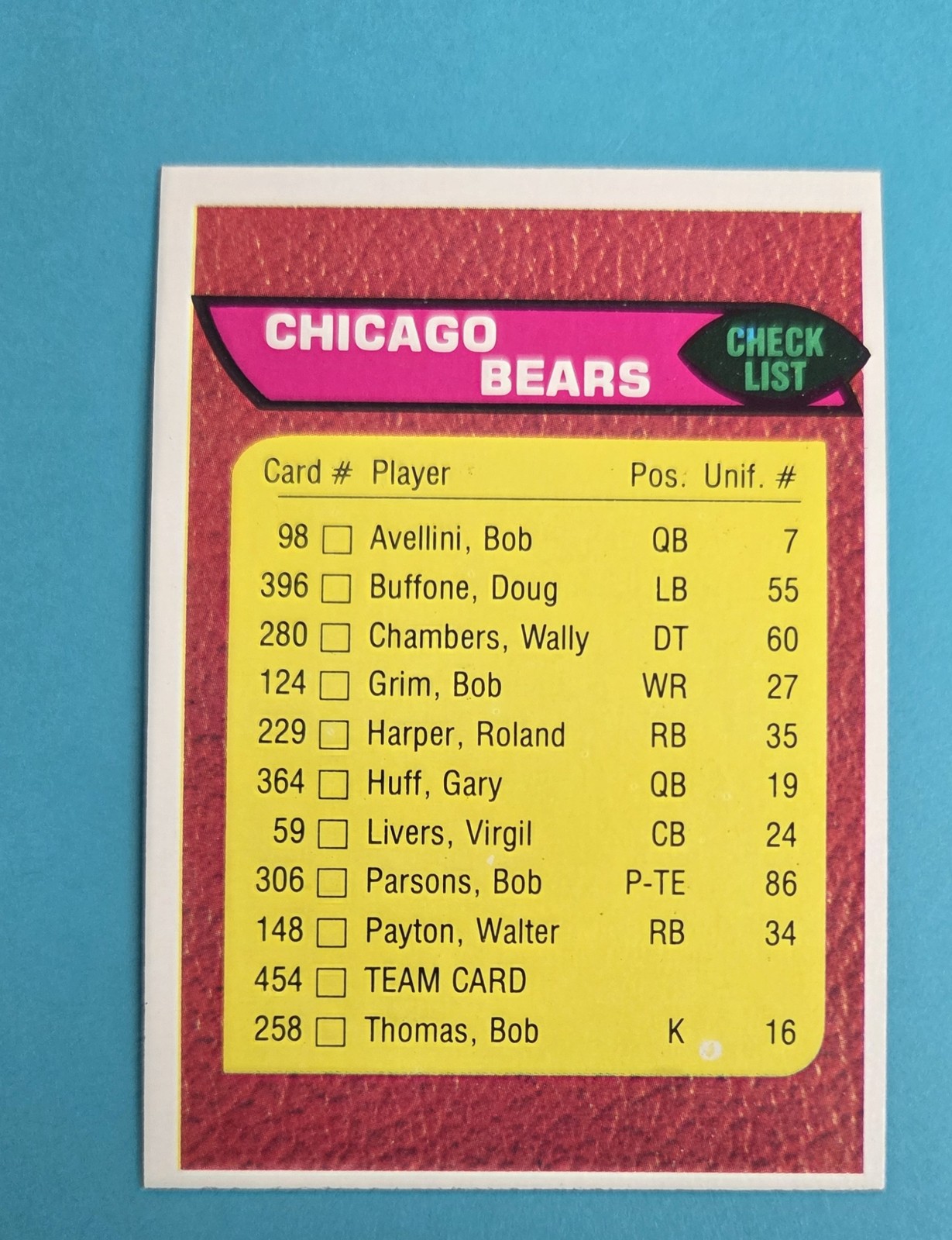 1976 Topps Team Checklist #454 Walter Payton – Chicago Bears FOOTBALL Card 6E