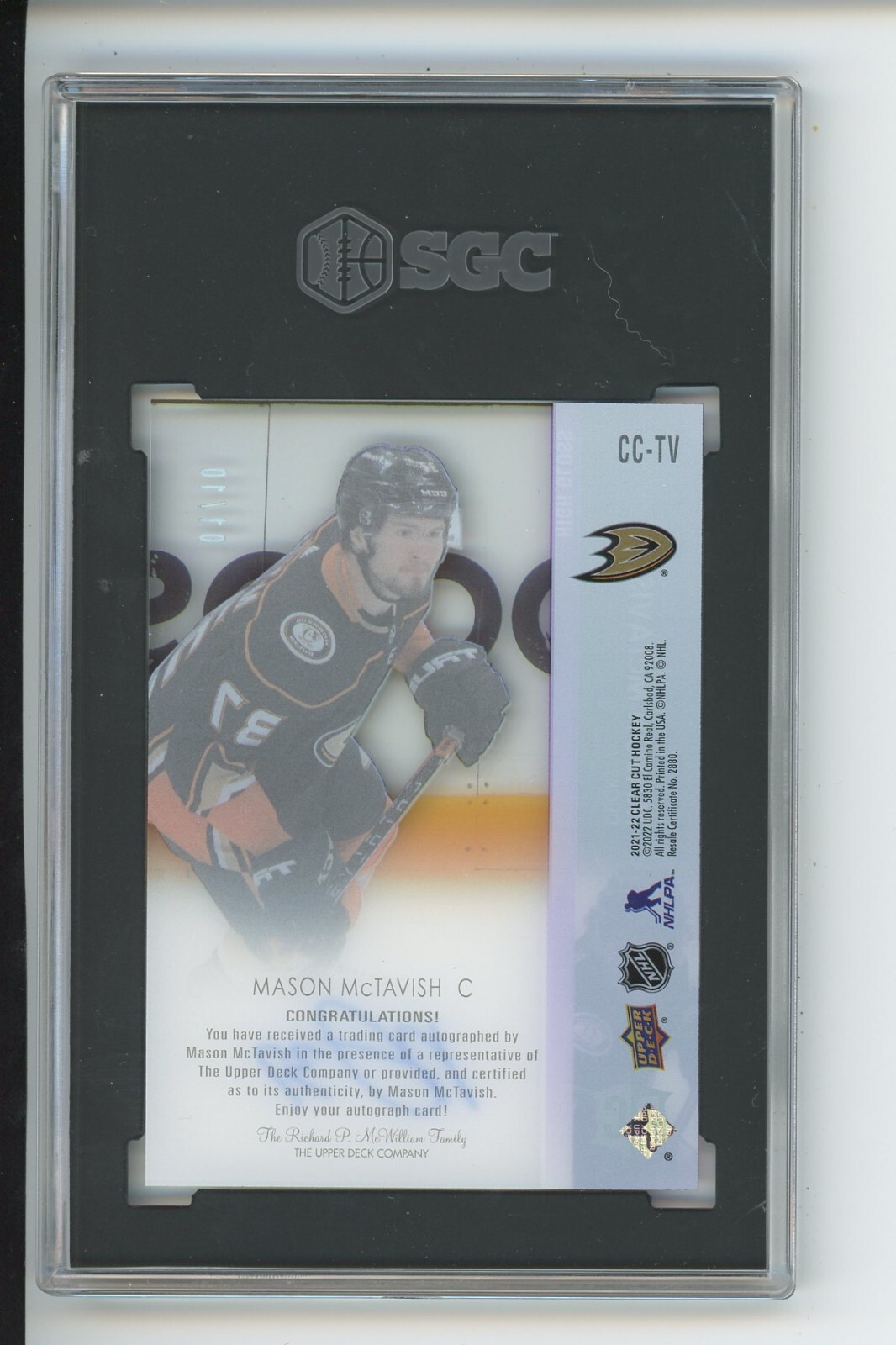 SGC 8 Auto 10 Mason McTavish Rookie 2021-22 UD Clear Cut High Gloss 1/10 RC
