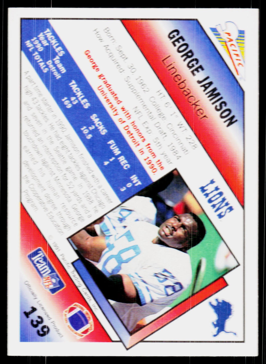 George Jamison, 1991 Pacific, #139, Detroit Lions, RC