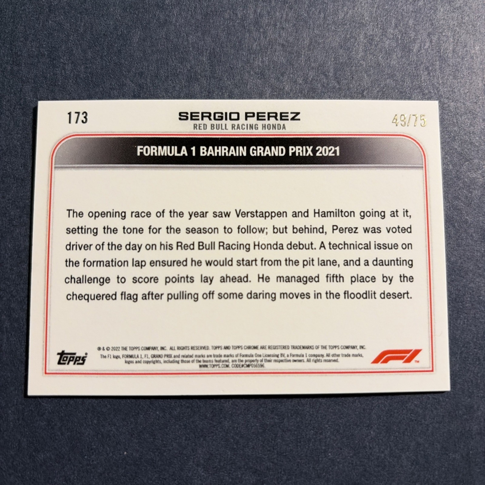 2022 Topps Chrome Formula 1 Pink Refractors #173 Sergio Perez #/75 – RED BULL