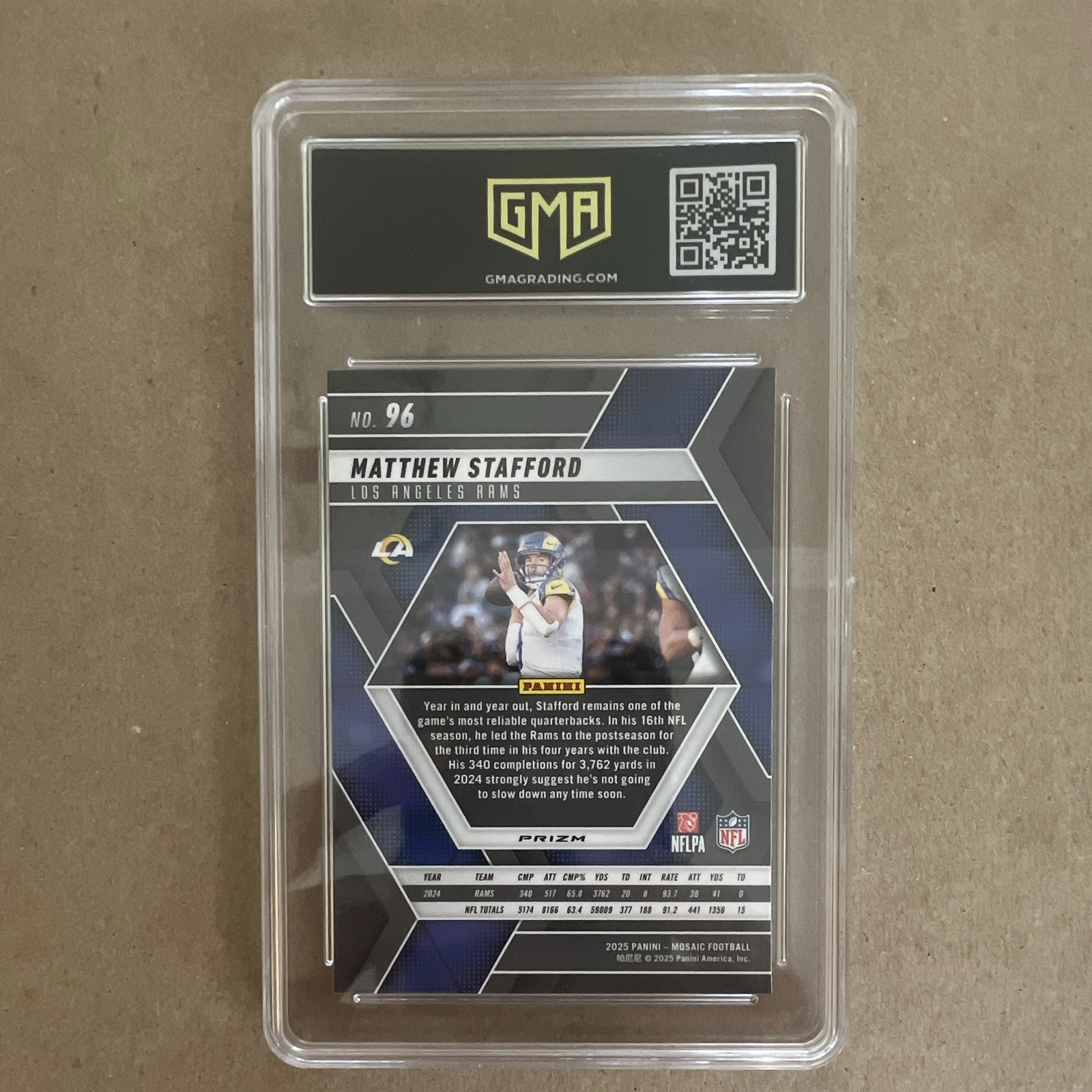 Panini 2025 Mosaic Matthew Stafford Los Angeles Rams #96 Reactive Purple GMA 10