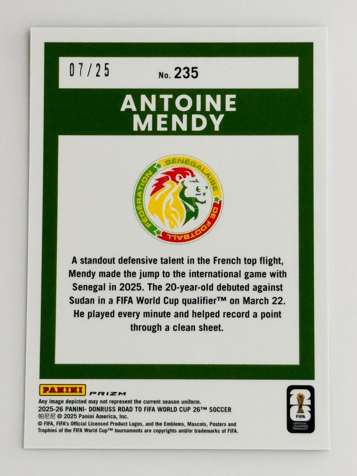 2025 Panini Donruss Optic Antoine Mendy Rated Rookie Purple /25 Senegal RC