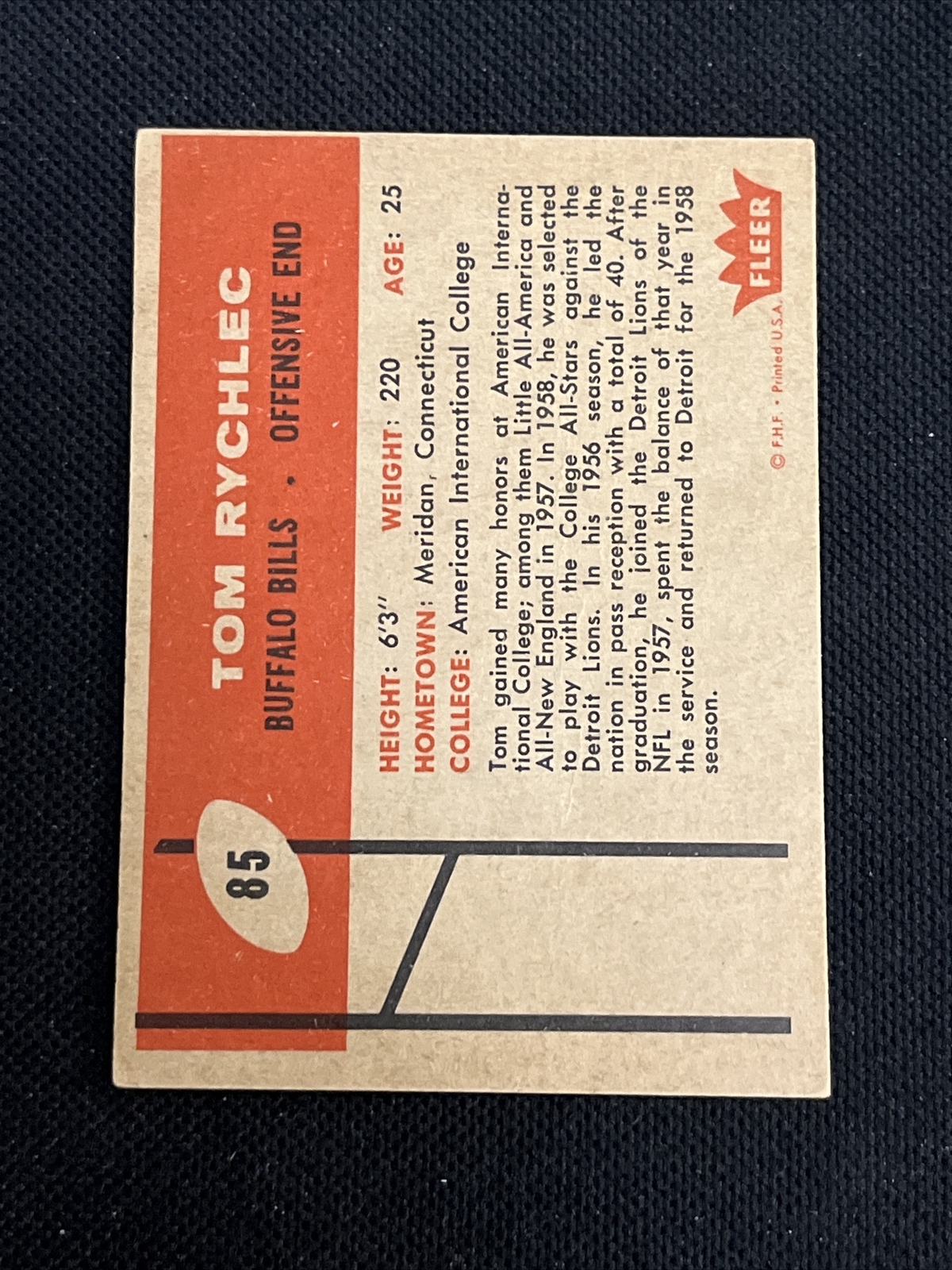 TOM RYCHLEC 1960 FLEER ROOKIE SIGNED AUTOGRAPHED CARD #85 BUFFALO BILLS