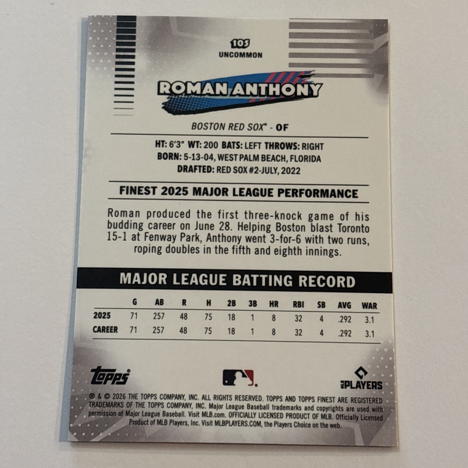 ROMAN ANTHONY 2026 Topps Finest Baseball RC Uncommon Rookie #105 Boston Red Sox