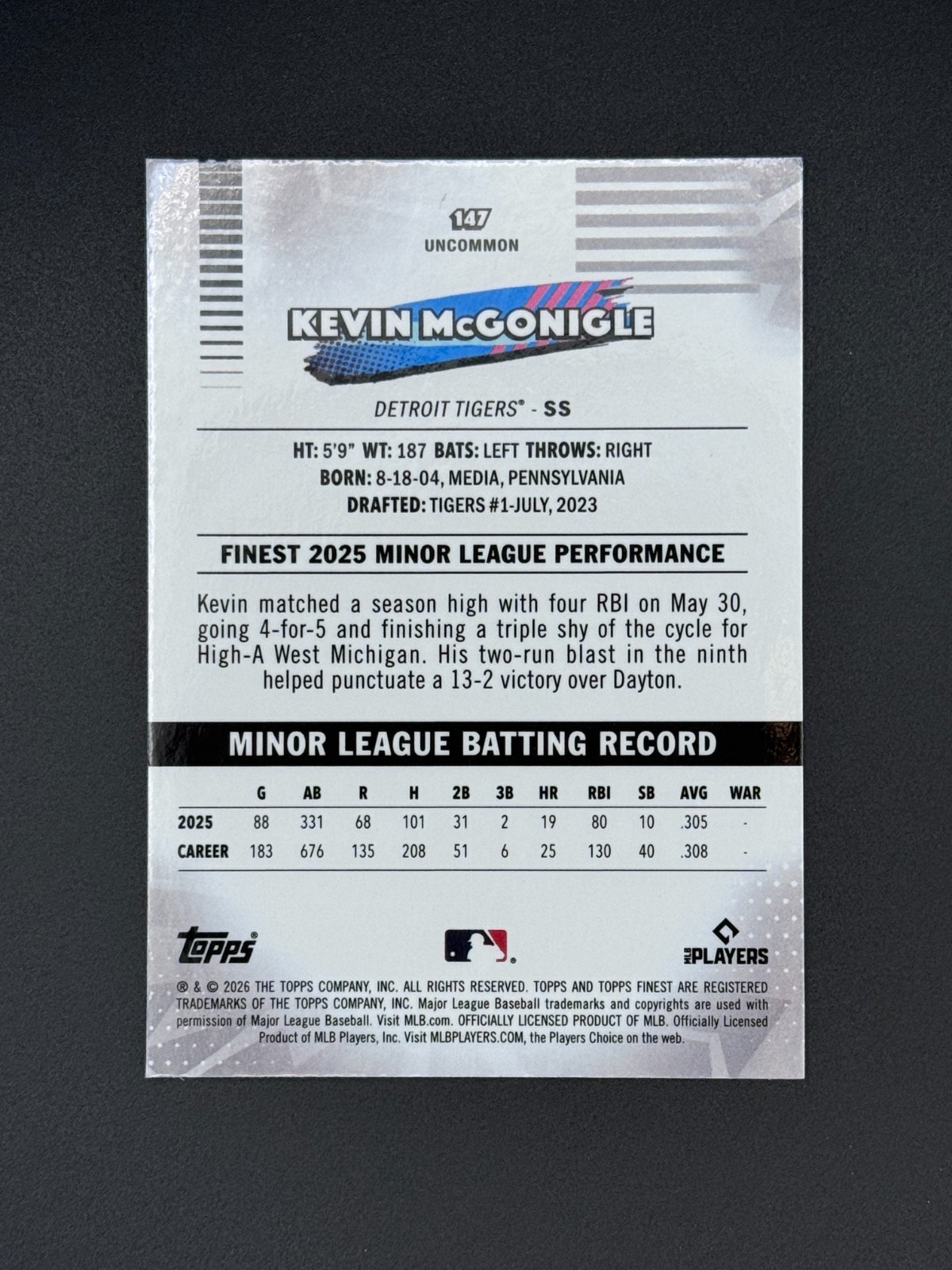 2026 Topps Finest Kevin McGonigle Uncommon Rookie Card Detroit Tigers #147 RC