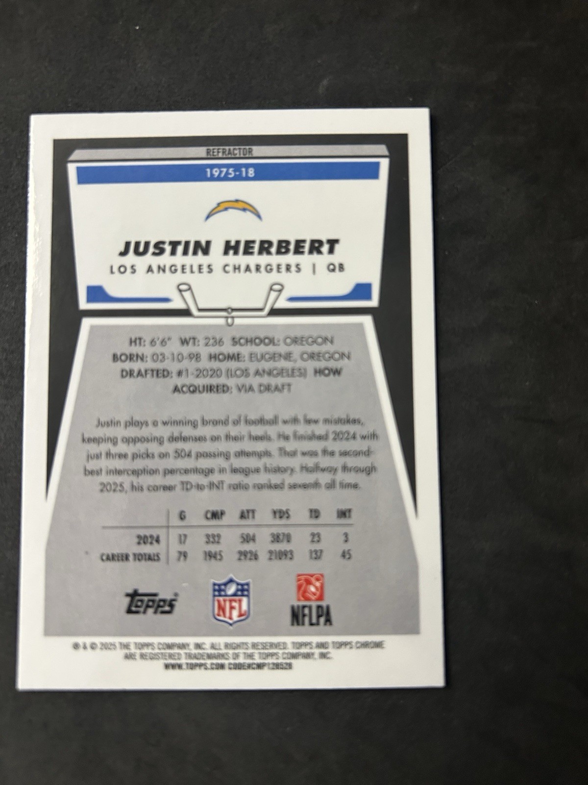 Topps 2025 Topps Chrome Justin Herbert Chargers 1975 Topps Refractor #1975-18