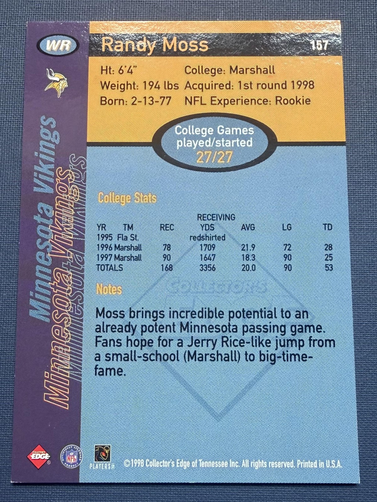 Randy Moss 1998 Collector’s Edge First Place #157 50-Point Minnesota Vikings