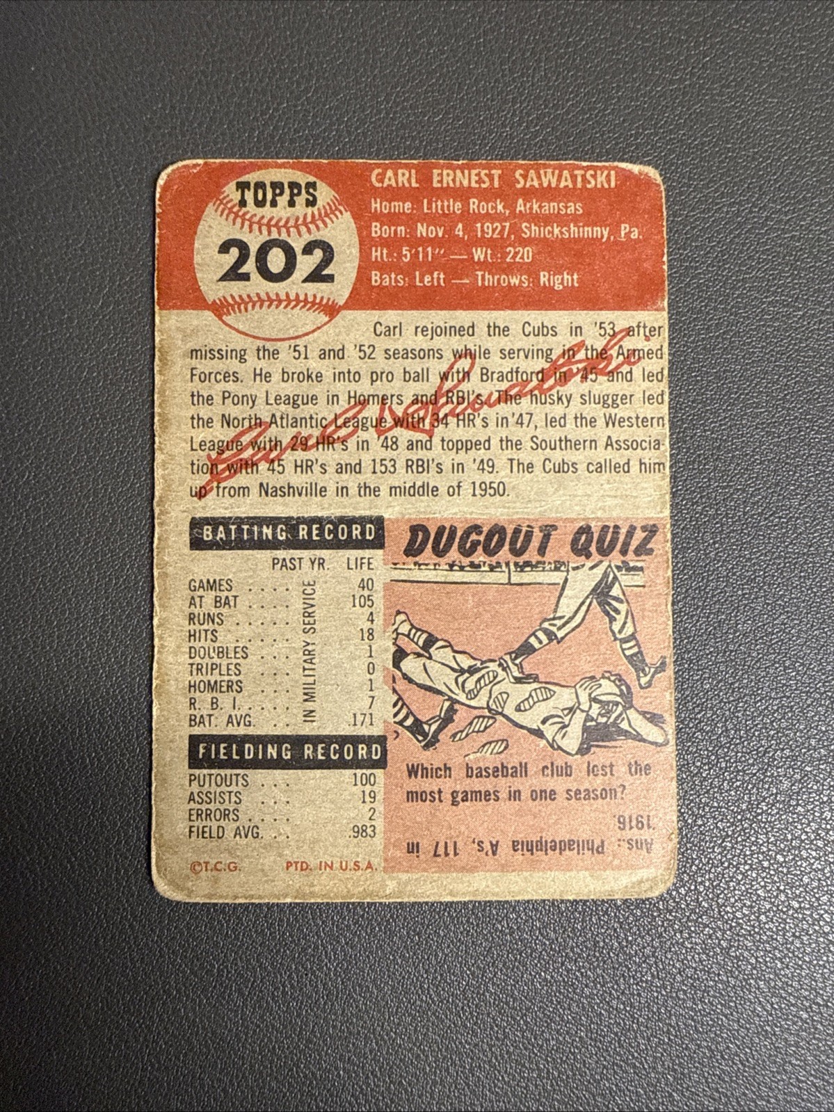 1953 Topps – Carl Sawatski #202 (RC) LOW GRADE-See Description