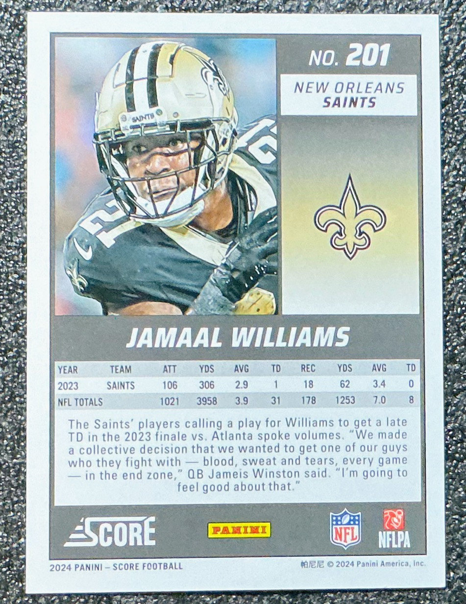 Jamaal Williams 2024 Panini Score #201 Gem Masters Black Foil /1 – Saints