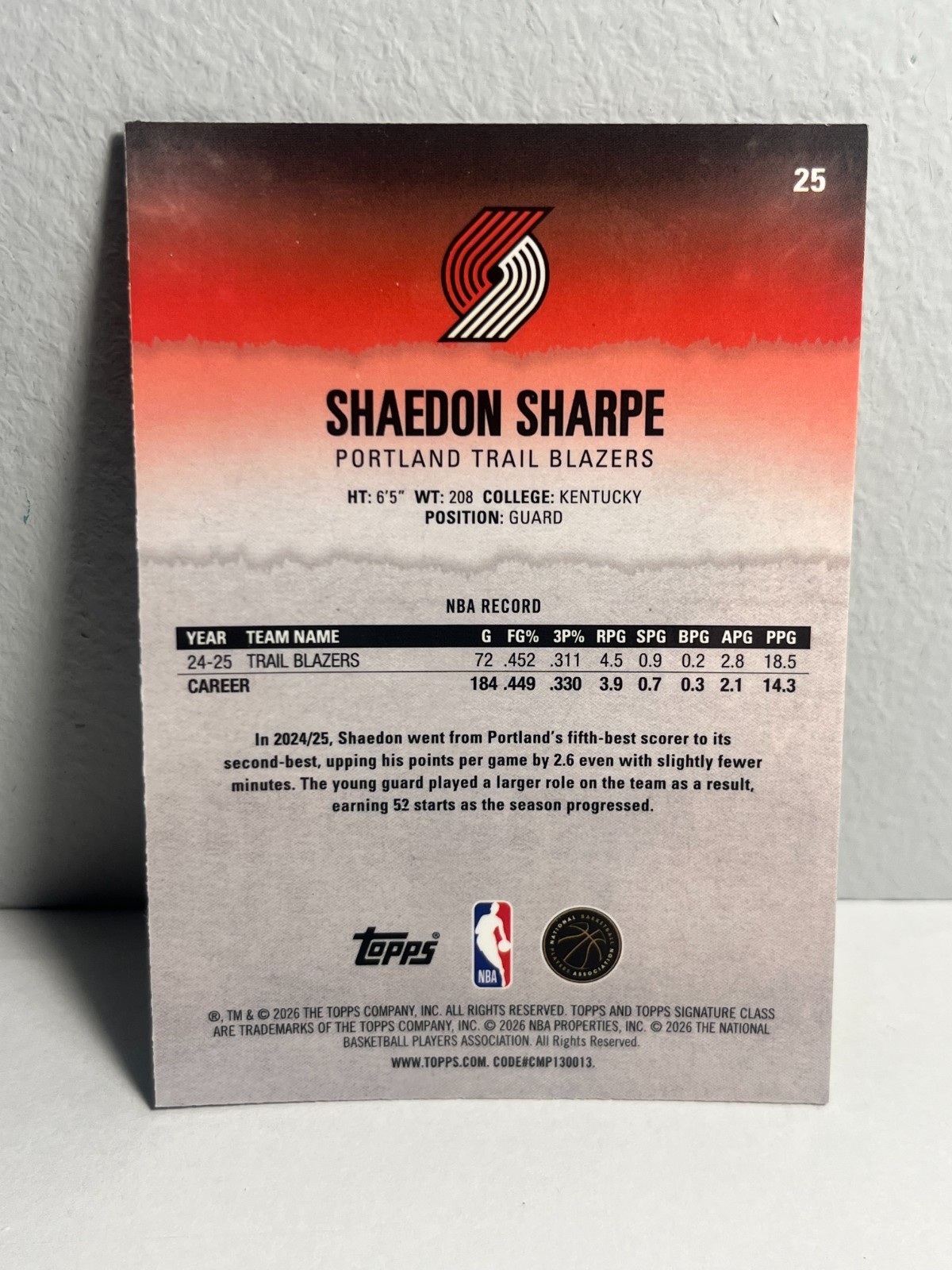 2025-26 Topps Signature Class Shaedon Sharpe #25 Gold /275 Trail Blazers