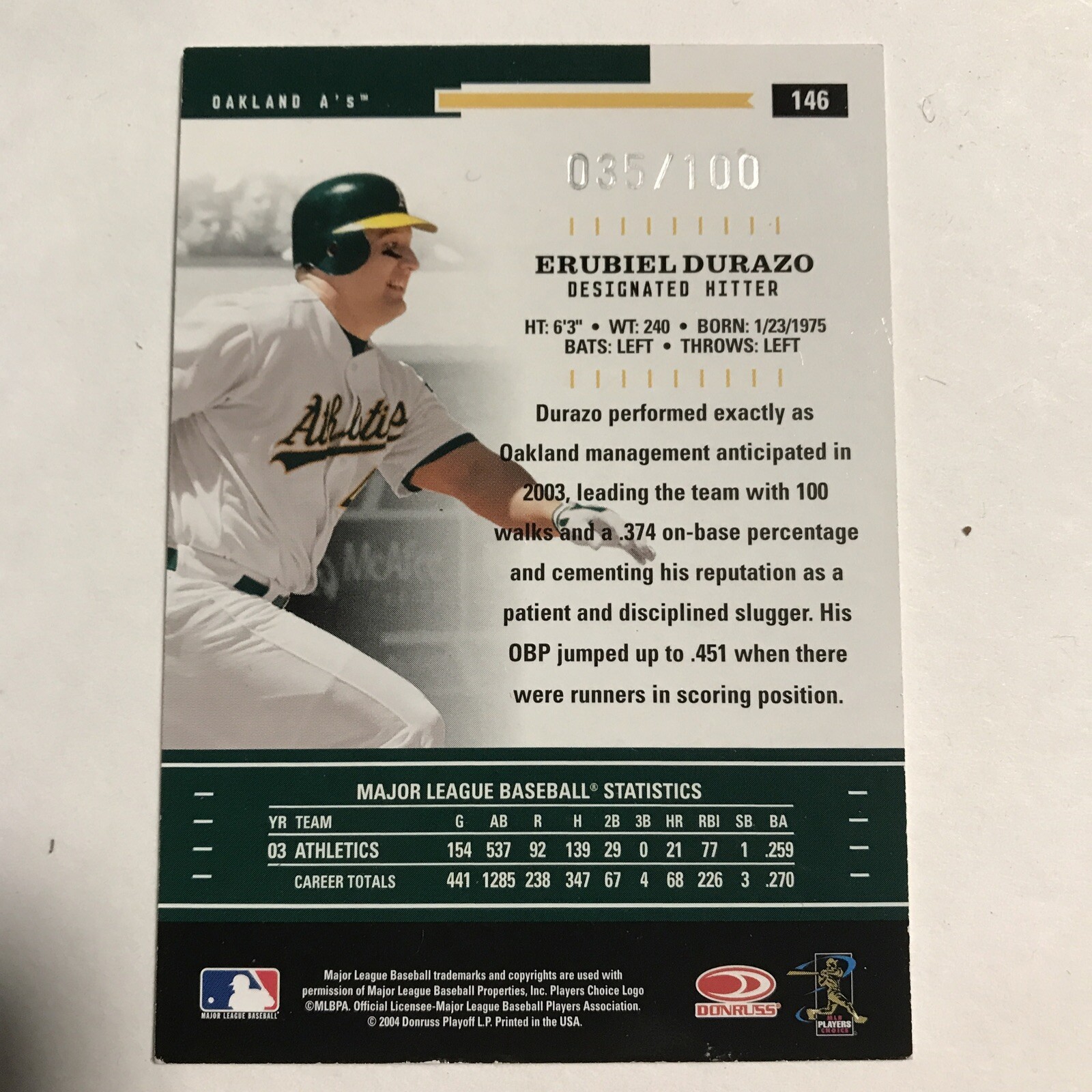 2004 Donruss Throwback Threads Silver Proof #146 Erubiel Durazo /100