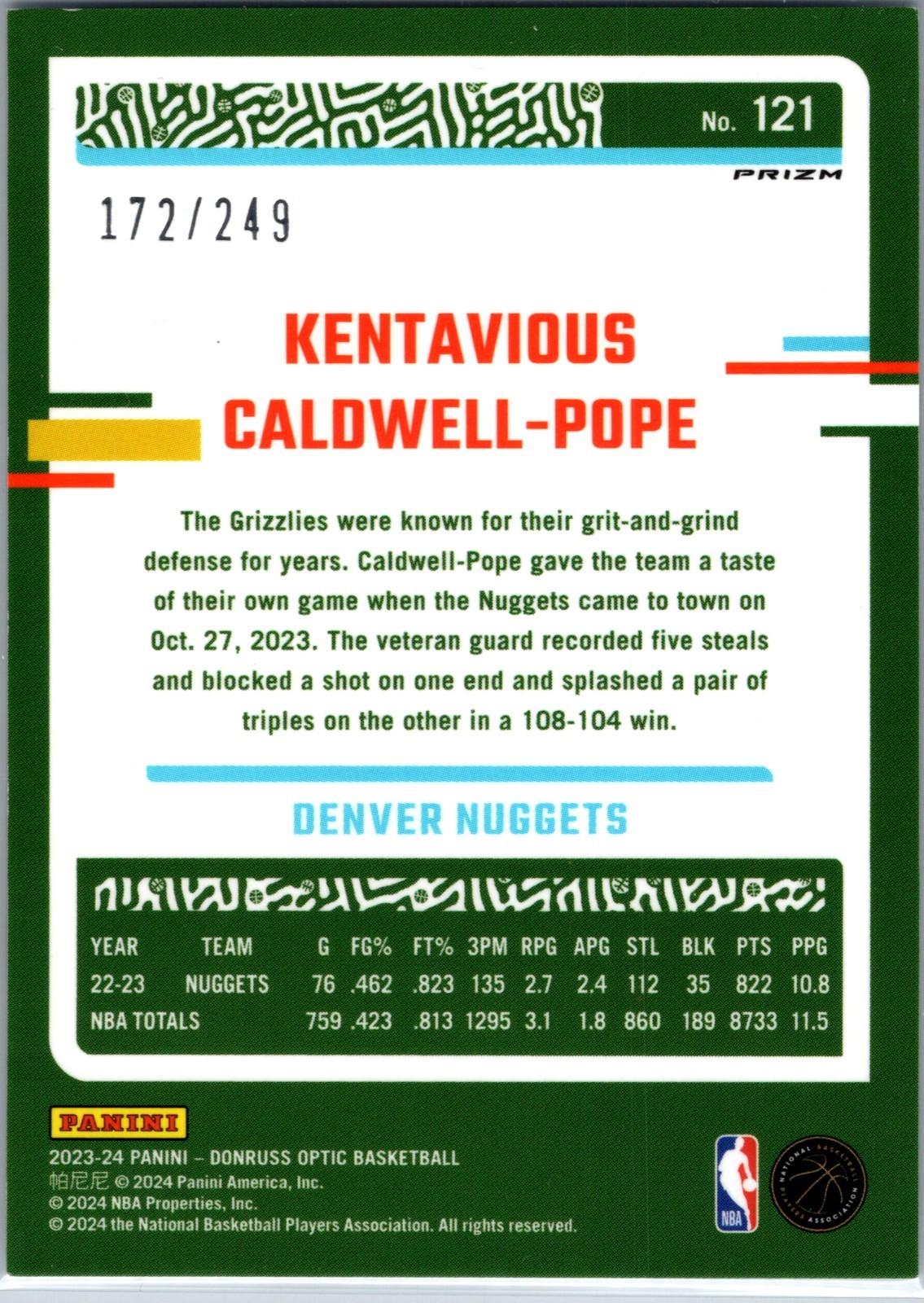 2023-24 Donruss Optic Kentavious Caldwell-Pope #121 Premium Box Set Prizm /249