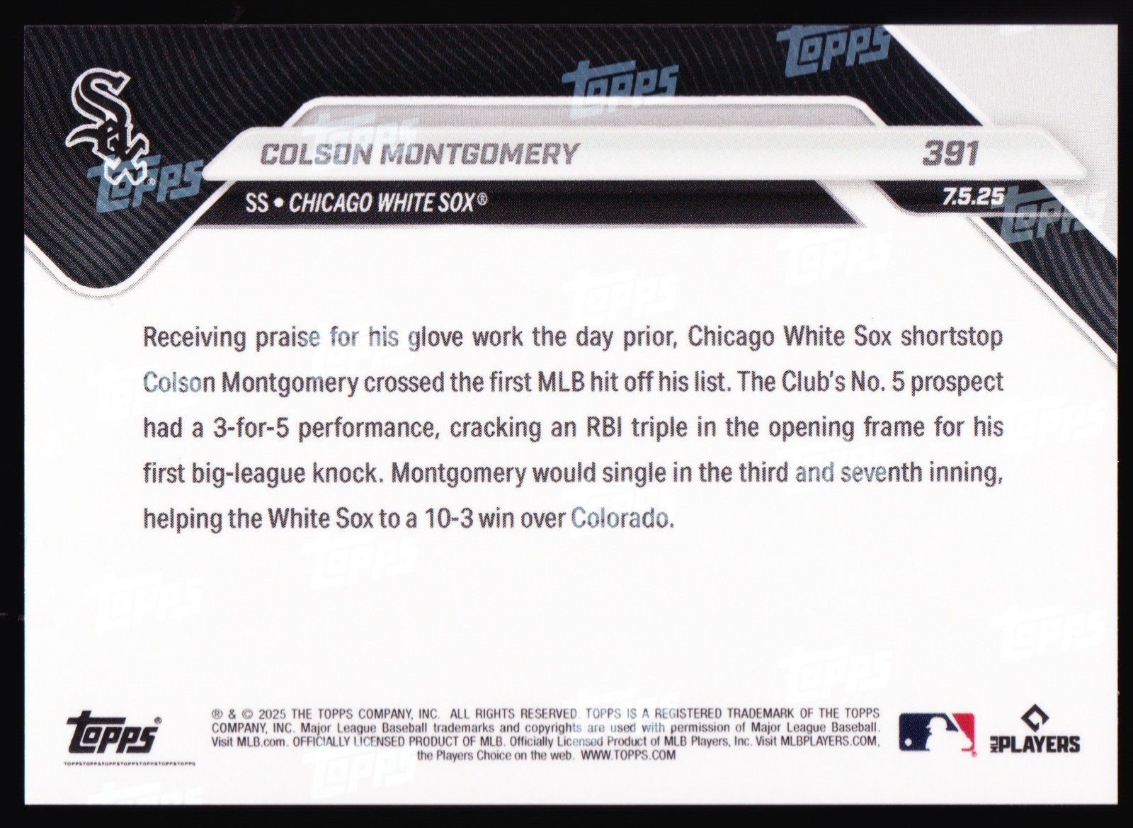 Colson Montgomery White Sox Call-Up 1st MLB Hit 2025 Topps NOW RC #391 SP Base